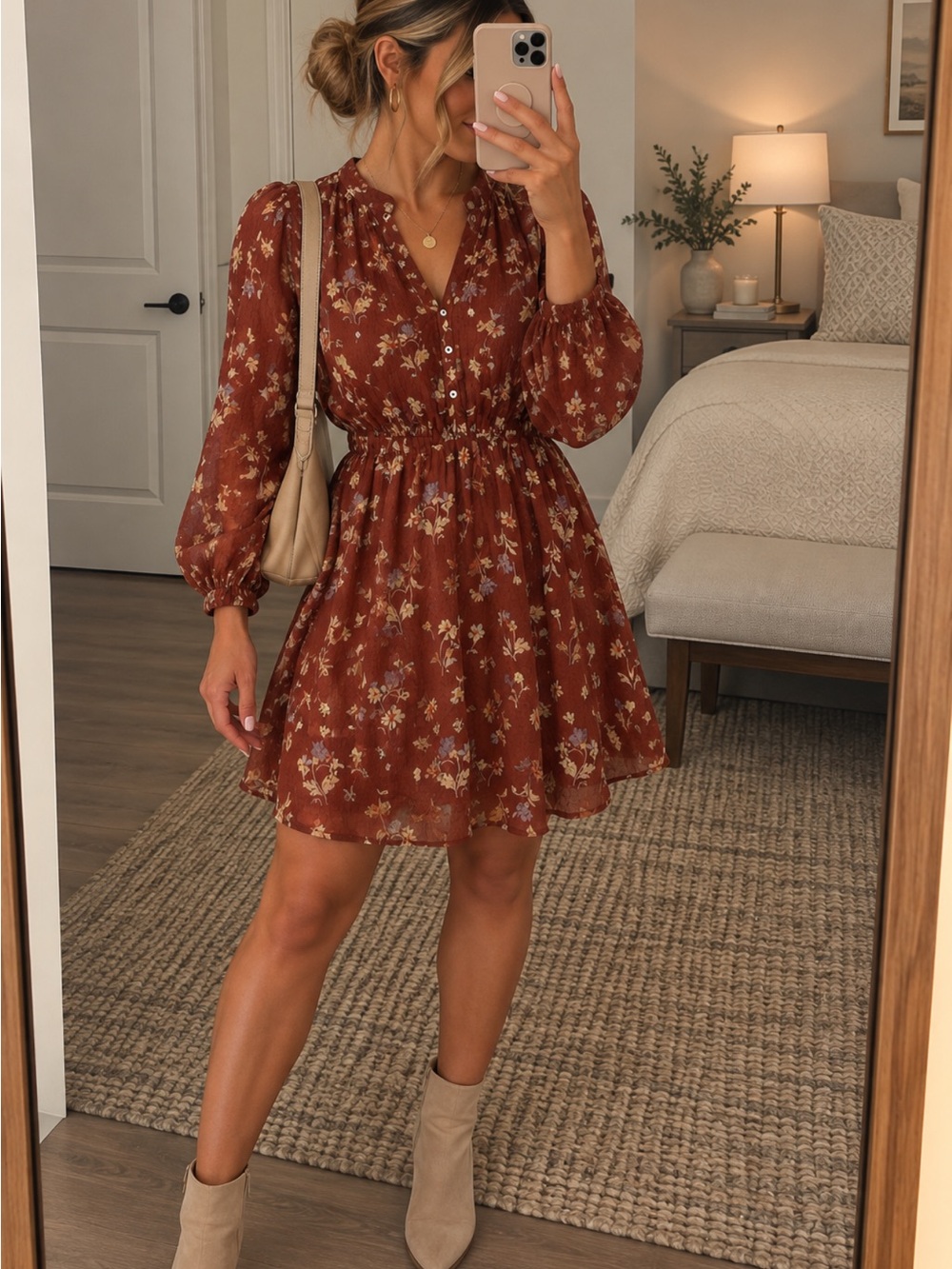 Madewell Rust Floral Long-Sleeve Mini Dress